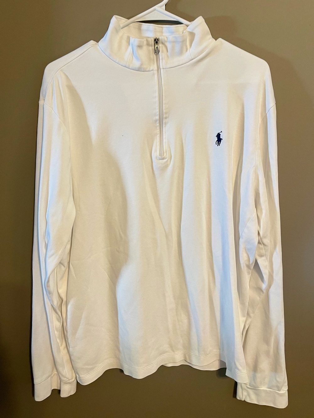 Ralph Lauren White Men’s Quarter-Zip Pullover with Navy Logo